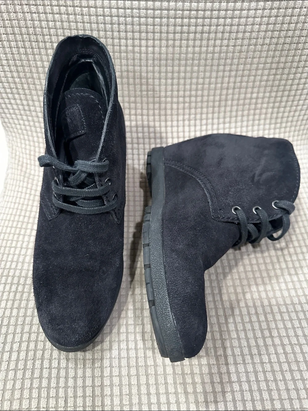 Y2K Prada sport women’s 6 Black Suede wedge lace up Booties.